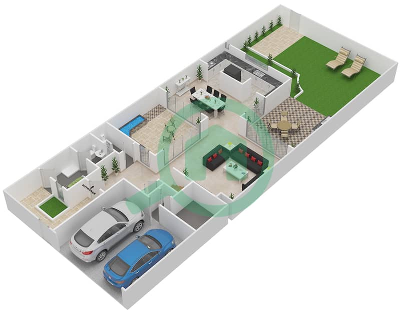 Al Tharwaniyah Community - 3 Bedroom Townhouse Type S Floor plan Ground Floor interactive3D
