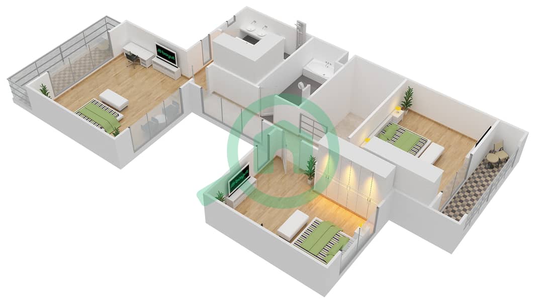 Al Tharwaniyah Community - 3 Bedroom Townhouse Type S Floor plan First Floor interactive3D