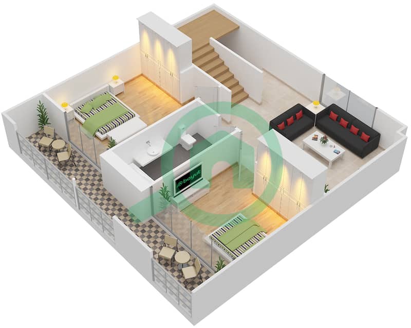 Al Tharwaniyah Community - 3 Bedroom Townhouse Type A Floor plan First Floor interactive3D