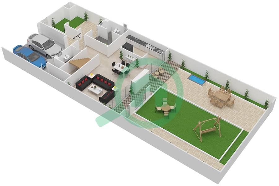 Al Tharwaniyah Community - 3 Bedroom Townhouse Type A Floor plan Ground Floor interactive3D