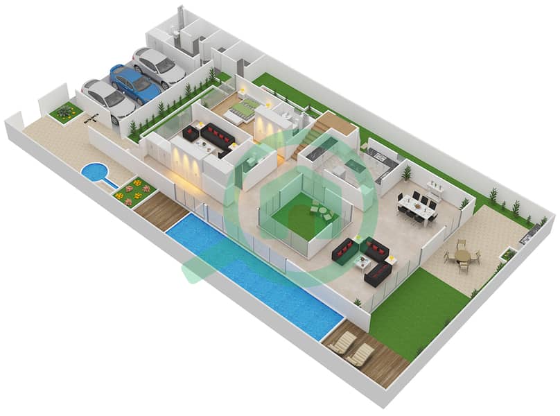Al Tharwaniyah Community - 5 Bedroom Commercial Villa Type A Floor plan Ground Floor interactive3D