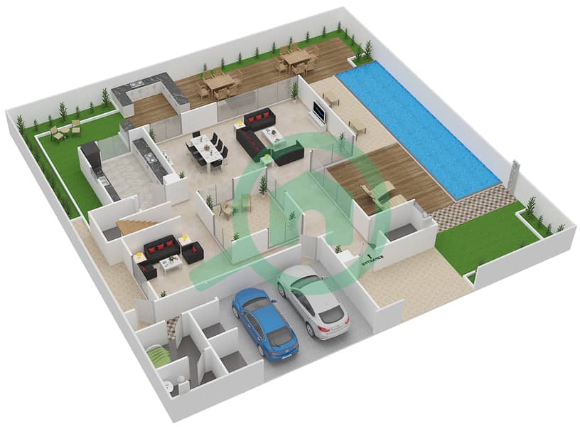Al Tharwaniyah Community - 4 Bedroom Commercial Villa Type A Floor plan Ground Floor interactive3D