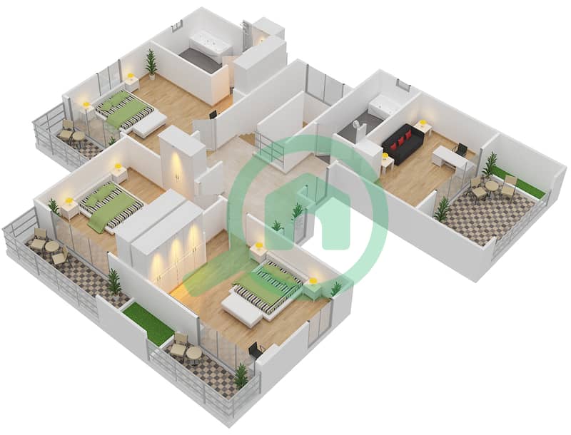 Al Tharwaniyah Community - 4 Bedroom Commercial Villa Type S Floor plan First Floor interactive3D