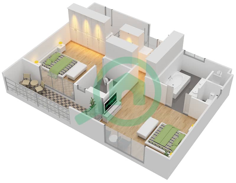 Khannour Community - 4 Bedroom Townhouse Type 9 Floor plan Second Floor interactive3D