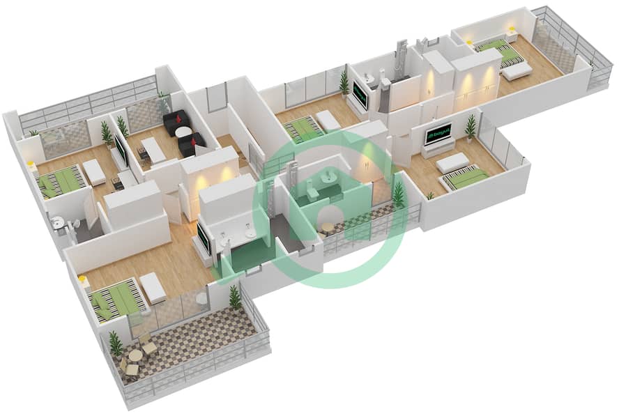 Ханнур Комьюнити - Вилла 5 Cпальни планировка Тип 3 First Floor interactive3D