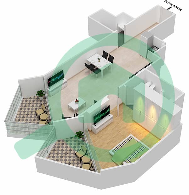 المخططات الطابقية لتصميم الوحدة 3  FLOOR 2 شقة 1 غرفة نوم - ميلينيوم بن غاطي ريزيدنسز Floor 2 interactive3D