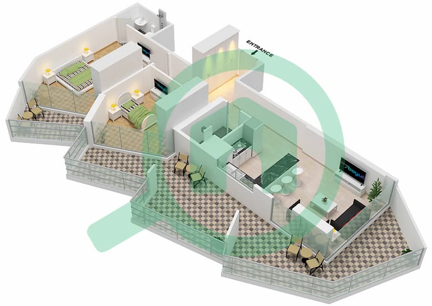 المخططات الطابقية لتصميم الوحدة 8  FLOOR 2 شقة 2 غرفة نوم - ميلينيوم بن غاطي ريزيدنسز Floor 2 interactive3D