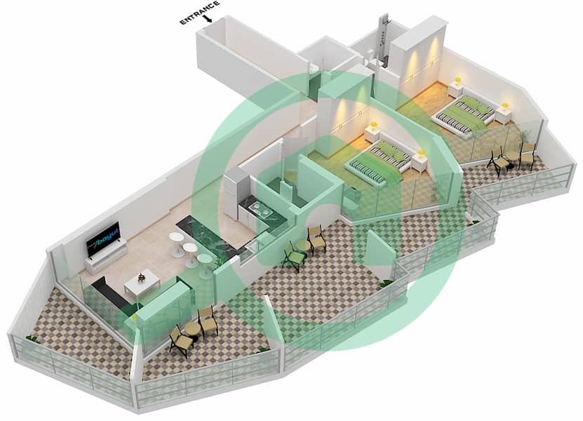 المخططات الطابقية لتصميم الوحدة 4  FLOOR 3 شقة 2 غرفة نوم - ميلينيوم بن غاطي ريزيدنسز Floor 3 interactive3D