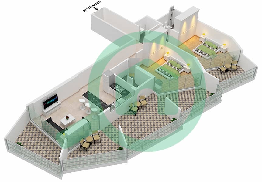 المخططات الطابقية لتصميم الوحدة 4   FLOOR 4 شقة 2 غرفة نوم - ميلينيوم بن غاطي ريزيدنسز Floor 4 interactive3D