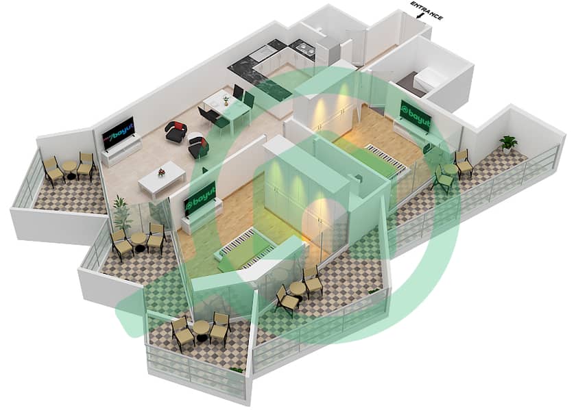 المخططات الطابقية لتصميم الوحدة 1  FLOOR 5 شقة 2 غرفة نوم - ميلينيوم بن غاطي ريزيدنسز Floor 5 interactive3D