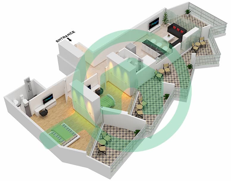 المخططات الطابقية لتصميم الوحدة 8 FLOOR 6 شقة 2 غرفة نوم - ميلينيوم بن غاطي ريزيدنسز Floor 6 interactive3D