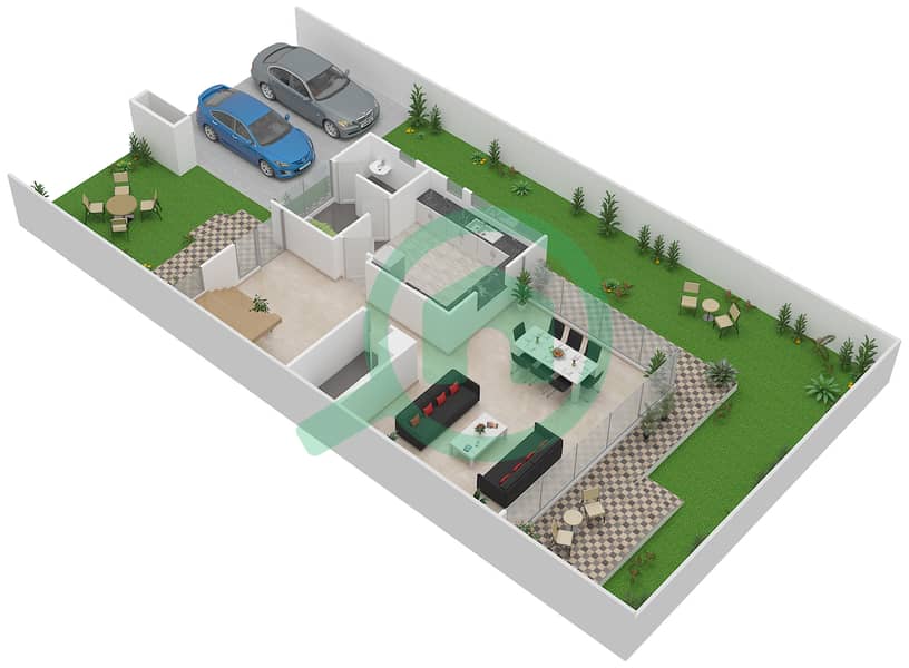 المخططات الطابقية لتصميم النموذج M/M-D تاون هاوس 3 غرف نوم - ترينتي Ground Floor interactive3D