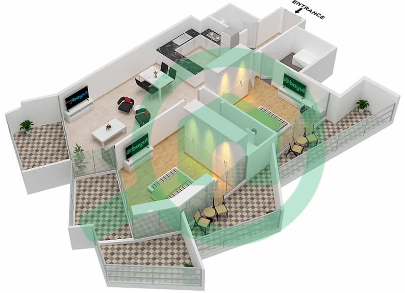 Millennium Binghatti Residences - 2 Bedroom Apartment Unit 1  FLOOR 7 Floor plan Floor 7 interactive3D