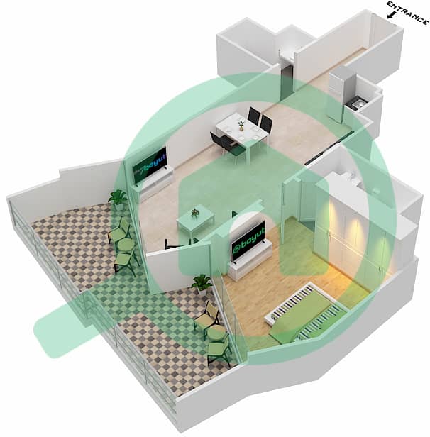 المخططات الطابقية لتصميم الوحدة 3  FLOOR 7 شقة 1 غرفة نوم - ميلينيوم بن غاطي ريزيدنسز Floor 7 interactive3D
