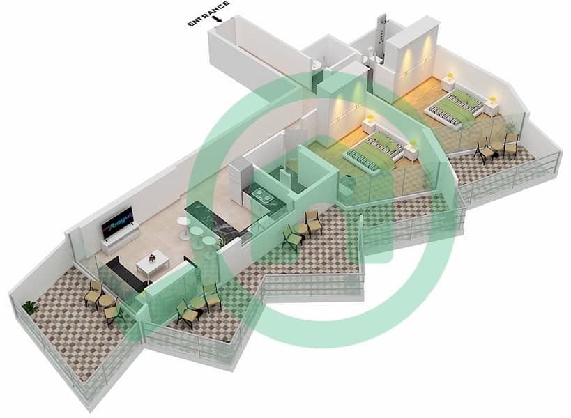 المخططات الطابقية لتصميم الوحدة 4  FLOOR 7 شقة 2 غرفة نوم - ميلينيوم بن غاطي ريزيدنسز Floor 7 interactive3D