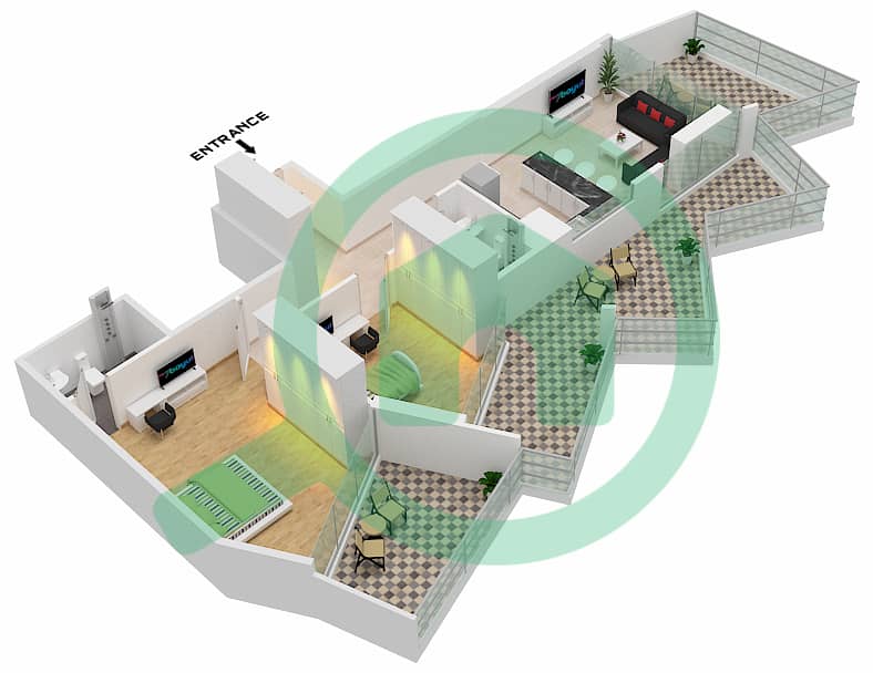المخططات الطابقية لتصميم الوحدة 8  FLOOR 7 شقة 2 غرفة نوم - ميلينيوم بن غاطي ريزيدنسز Floor 7 interactive3D
