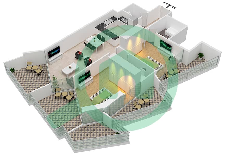 المخططات الطابقية لتصميم الوحدة 1  FLOOR 8 شقة 2 غرفة نوم - ميلينيوم بن غاطي ريزيدنسز Floor 8 interactive3D