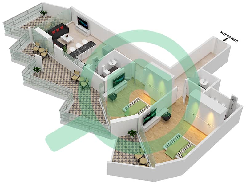 المخططات الطابقية لتصميم الوحدة 4  FLOOR 8 شقة 2 غرفة نوم - ميلينيوم بن غاطي ريزيدنسز Floor 8 interactive3D