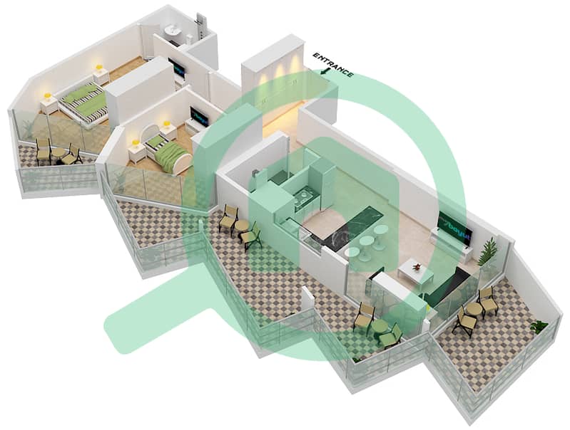المخططات الطابقية لتصميم الوحدة 8  FLOOR 8 شقة 2 غرفة نوم - ميلينيوم بن غاطي ريزيدنسز interactive3D