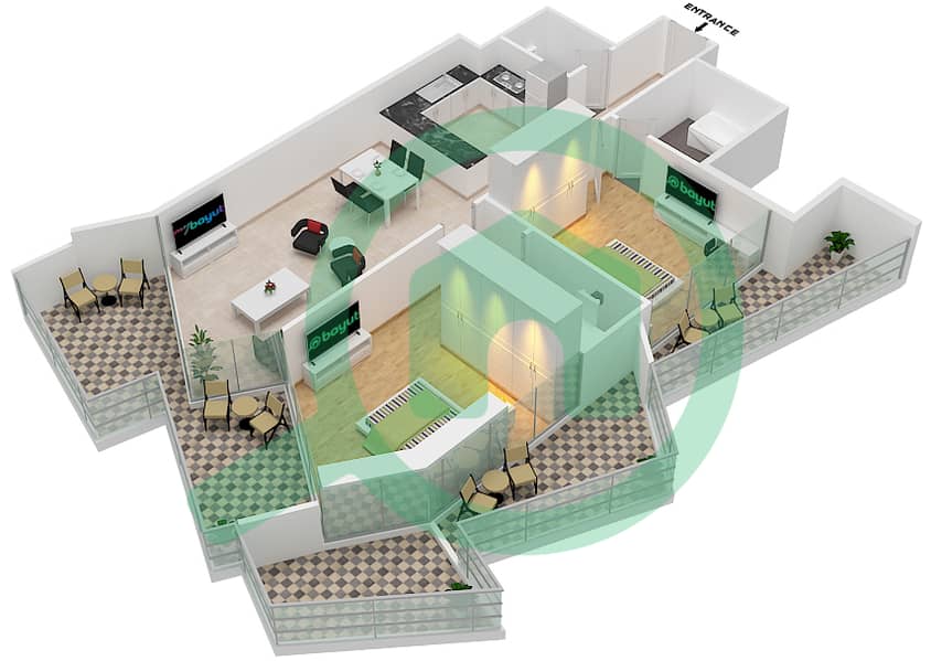 المخططات الطابقية لتصميم الوحدة 1  FLOOR 9 شقة 2 غرفة نوم - ميلينيوم بن غاطي ريزيدنسز Floor 9 interactive3D