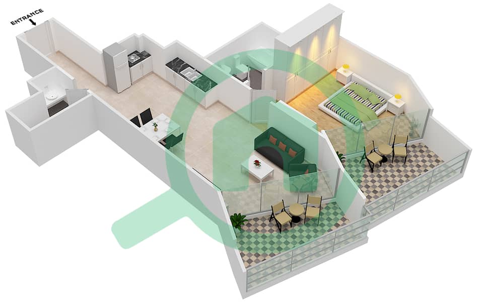 المخططات الطابقية لتصميم الوحدة 3  FLOOR 9 شقة 1 غرفة نوم - ميلينيوم بن غاطي ريزيدنسز Floor 9 interactive3D