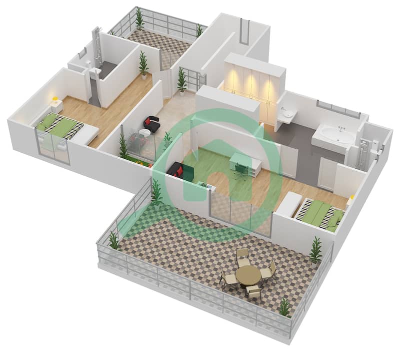 雅希米那 - 3 卧室商业别墅类型A戶型图 First Floor interactive3D