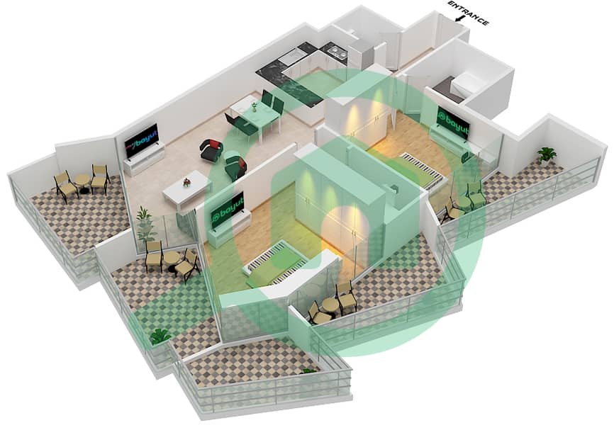 Millennium Binghatti Residences - 2 Bedroom Apartment Unit 1  FLOOR 10 Floor plan Floor 10 interactive3D