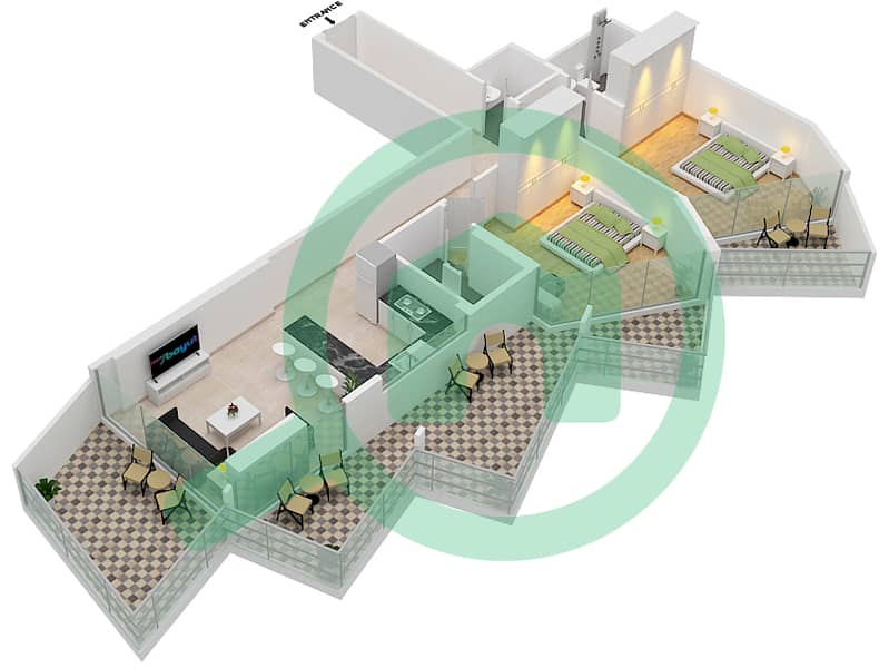 المخططات الطابقية لتصميم الوحدة 4  FLOOR 10 شقة 2 غرفة نوم - ميلينيوم بن غاطي ريزيدنسز Floor 10 interactive3D