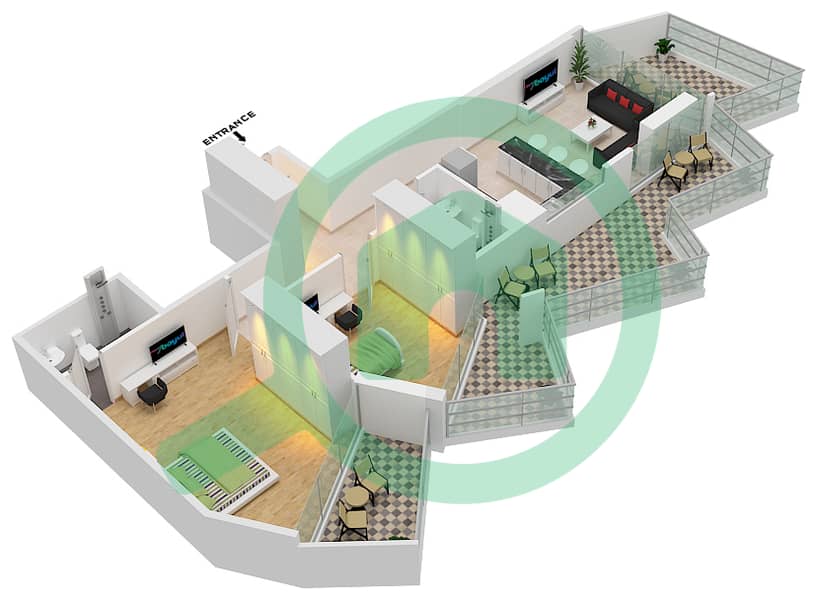 المخططات الطابقية لتصميم الوحدة 8  FLOOR 10 شقة 2 غرفة نوم - ميلينيوم بن غاطي ريزيدنسز Floor 10 interactive3D