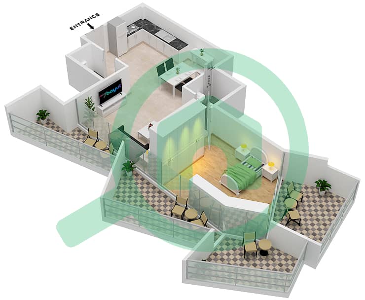 المخططات الطابقية لتصميم الوحدة 12  FLOOR 10 شقة 1 غرفة نوم - ميلينيوم بن غاطي ريزيدنسز Floor 10 interactive3D