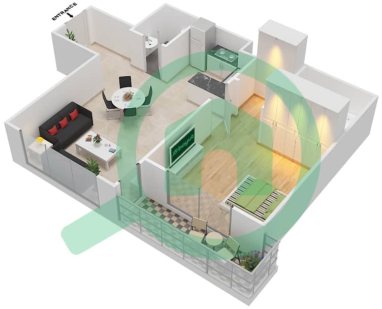 Ла Фонтана Апартментс - Апартамент 1 Спальня планировка Тип/мера J/13 interactive3D