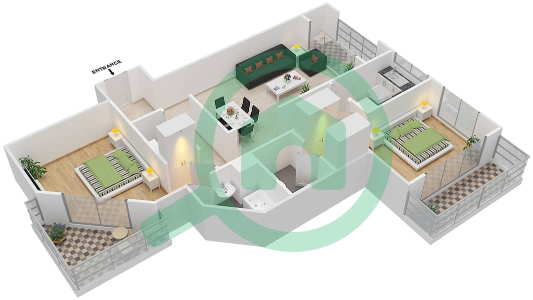 喷泉公寓 - 2 卧室公寓类型／单位A/1戶型图 interactive3D