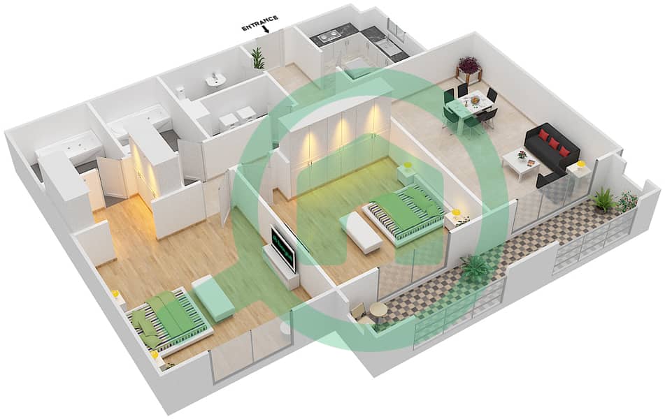 Ла Фонтана Апартментс - Апартамент 2 Cпальни планировка Тип/мера B/4 interactive3D