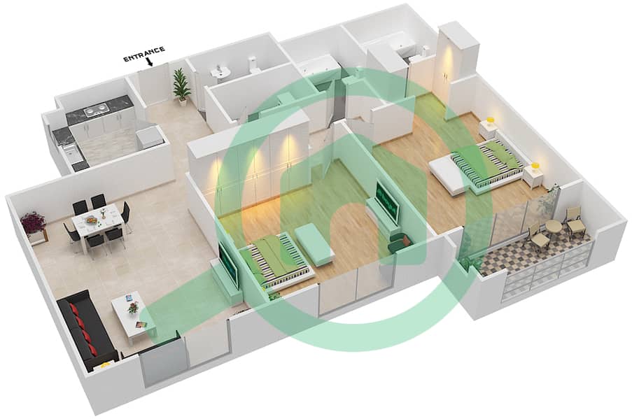 المخططات الطابقية لتصميم النموذج / الوحدة C/5 شقة 2 غرفة نوم - شقق لا فونتانا interactive3D