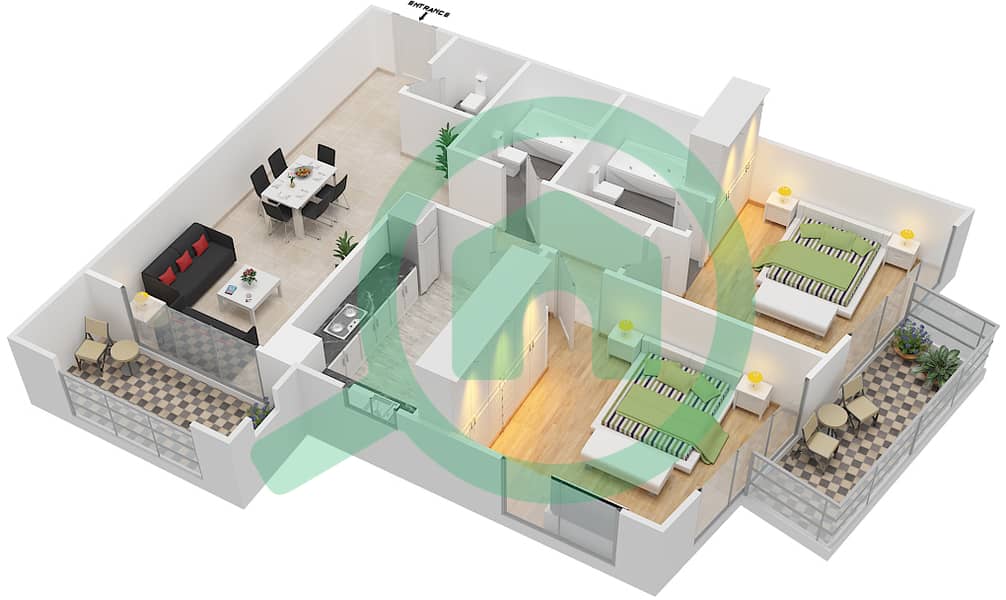 المخططات الطابقية لتصميم النموذج / الوحدة F/6 شقة 2 غرفة نوم - شقق لا فونتانا interactive3D