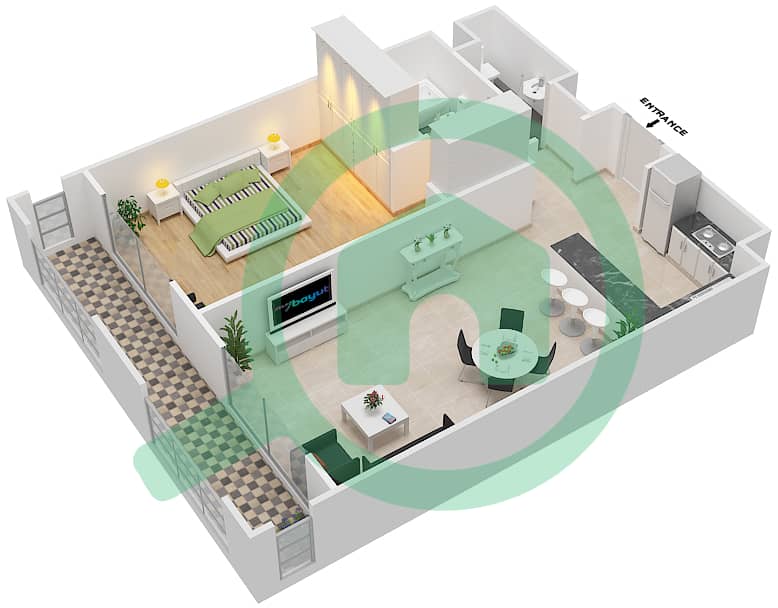 المخططات الطابقية لتصميم النموذج / الوحدة D/2 شقة 1 غرفة نوم - شقق لا فونتانا interactive3D