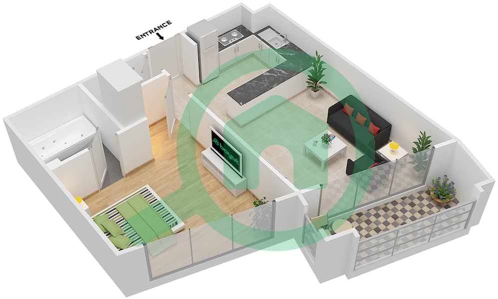 喷泉公寓 - 1 卧室公寓类型／单位K/7戶型图 interactive3D