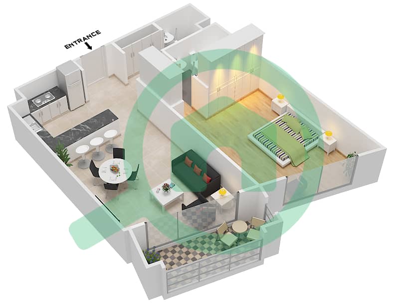 喷泉公寓 - 1 卧室公寓类型／单位G/8戶型图 interactive3D