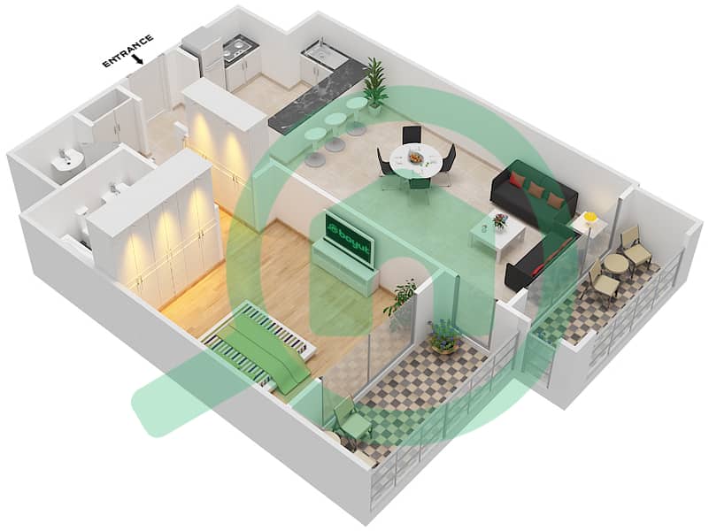 المخططات الطابقية لتصميم النموذج / الوحدة A/9 شقة 1 غرفة نوم - شقق لا فونتانا interactive3D