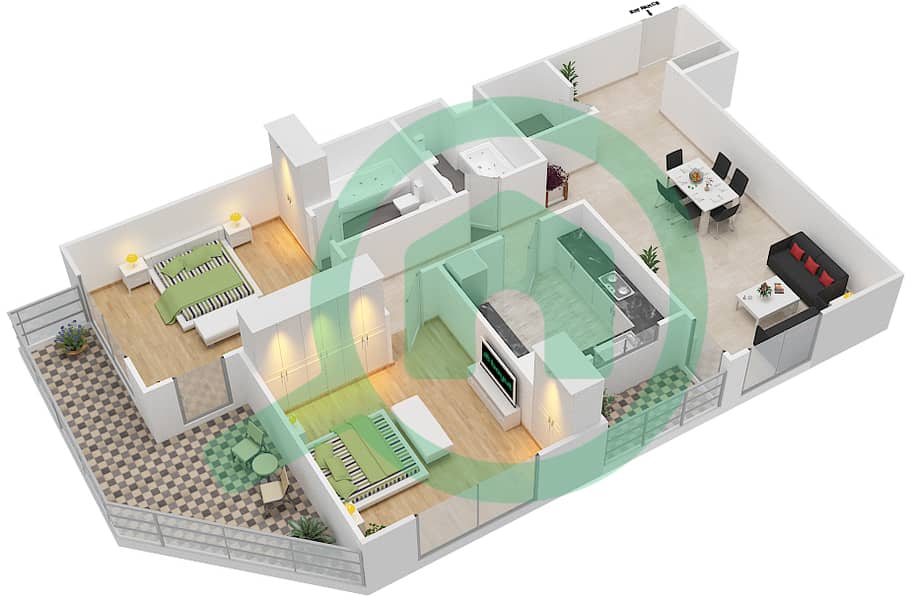 喷泉公寓 - 2 卧室公寓类型／单位D/12戶型图 interactive3D