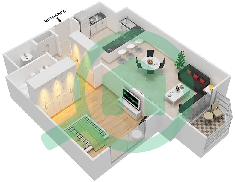 喷泉公寓 - 1 卧室公寓类型／单位F/15戶型图 interactive3D
