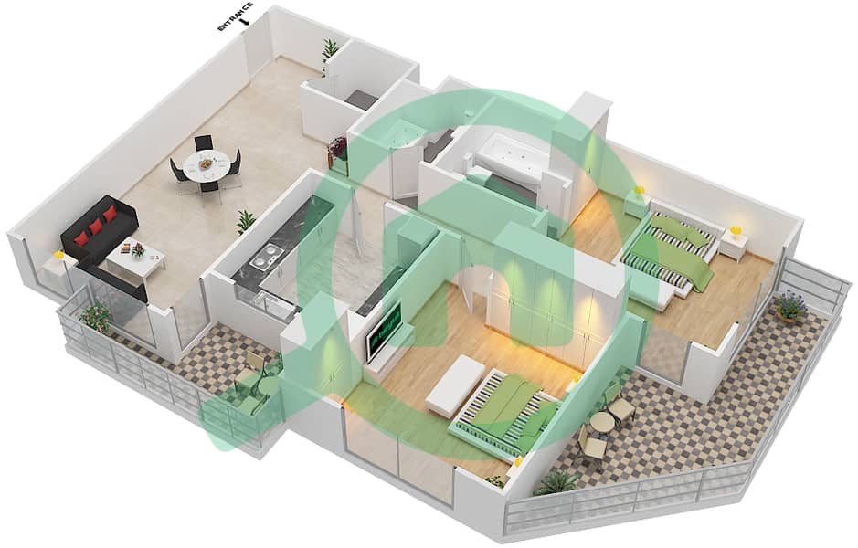 Ла Фонтана Апартментс - Апартамент 2 Cпальни планировка Тип/мера E/11 interactive3D