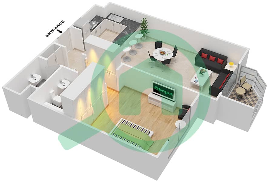 المخططات الطابقية لتصميم النموذج / الوحدة C/17 شقة 1 غرفة نوم - شقق لا فونتانا interactive3D