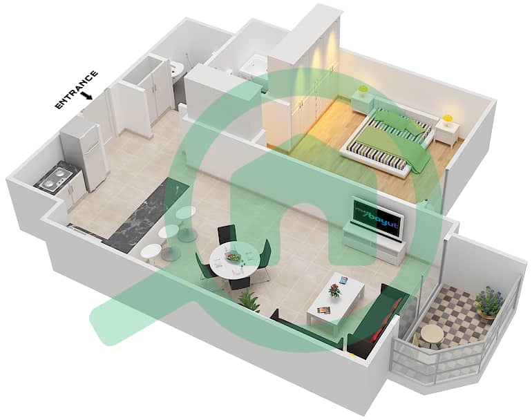 المخططات الطابقية لتصميم النموذج / الوحدة E/16 شقة 1 غرفة نوم - شقق لا فونتانا interactive3D
