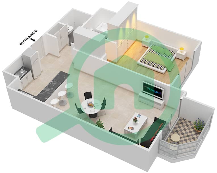 喷泉公寓 - 1 卧室公寓类型／单位C/18戶型图 interactive3D