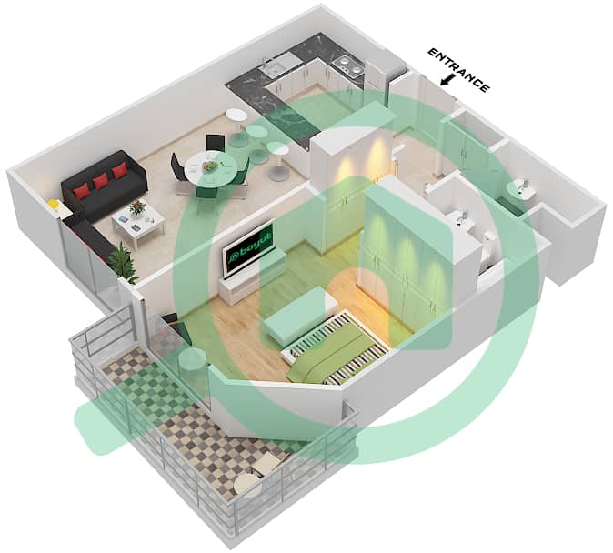 喷泉公寓 - 1 卧室公寓类型／单位H/21戶型图 interactive3D