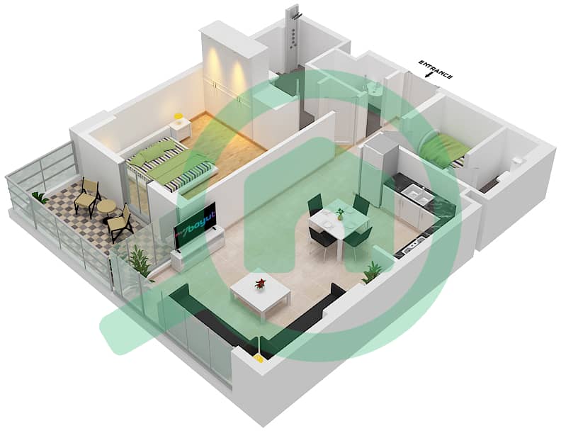 المخططات الطابقية لتصميم النموذج A شقة 1 غرفة نوم - سي 3 Floor 1,3,5,7,9,11 interactive3D