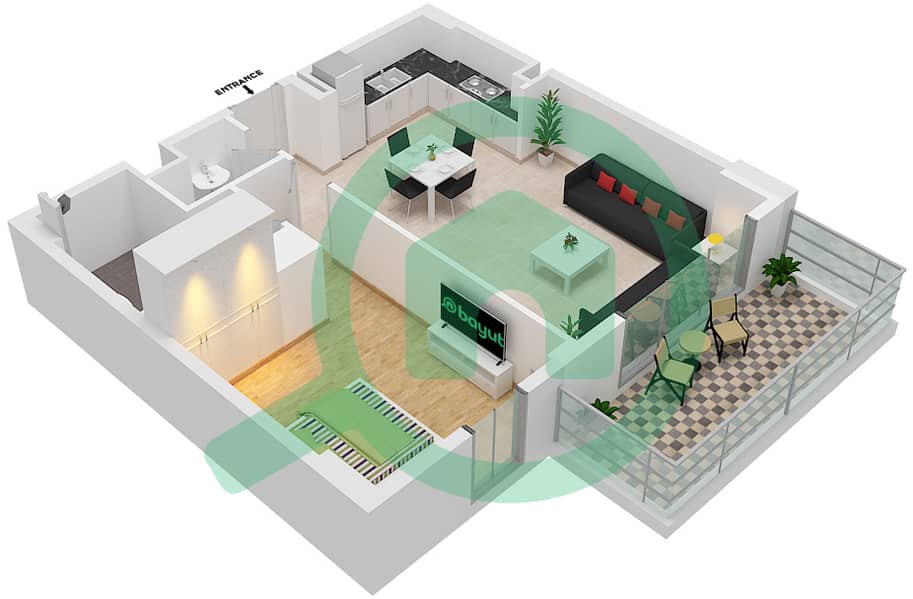 المخططات الطابقية لتصميم النموذج B شقة 1 غرفة نوم - سي 3 Floor 2,4,6,8,10 interactive3D