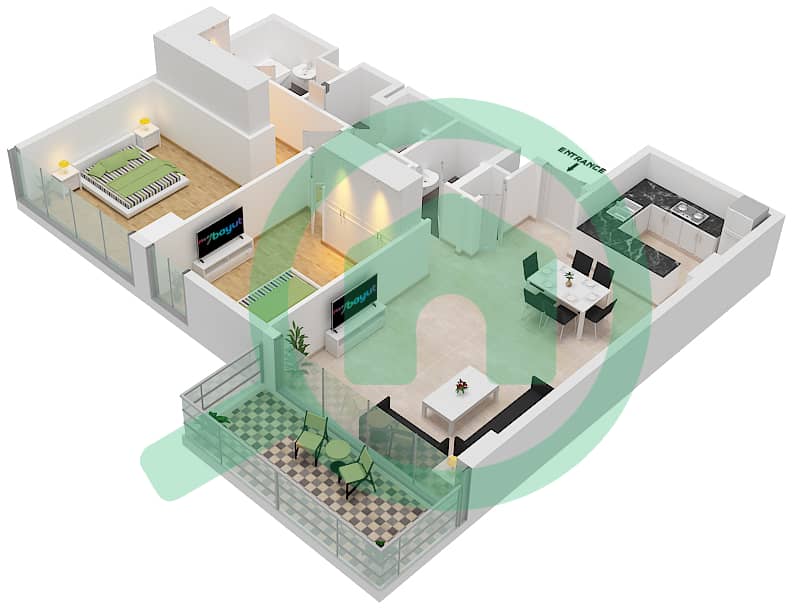 المخططات الطابقية لتصميم النموذج G شقة 2 غرفة نوم - سي 3 Floor 2,4,6,8,10 interactive3D