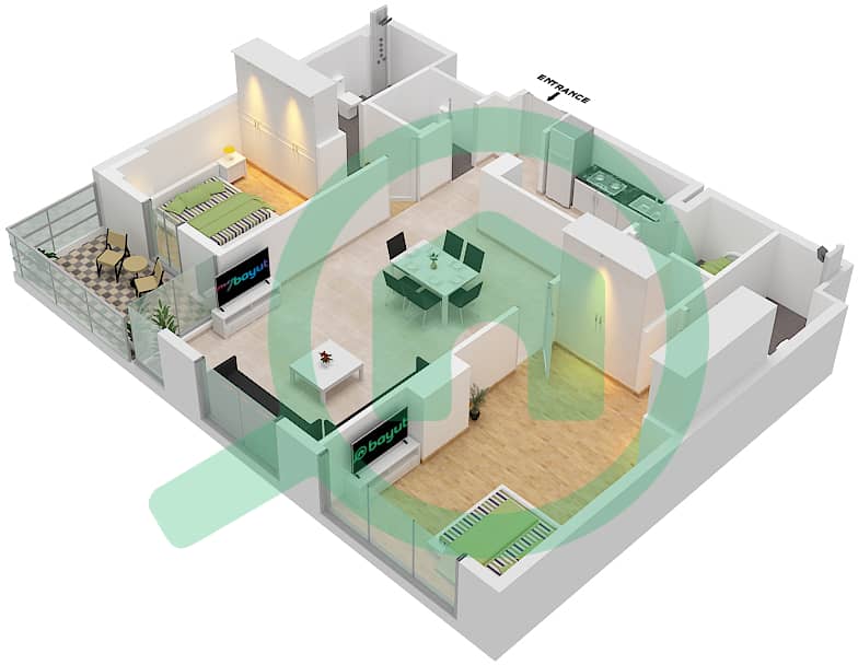 المخططات الطابقية لتصميم النموذج K شقة 2 غرفة نوم - سي 3 Floor 2,4,6,8,10 interactive3D